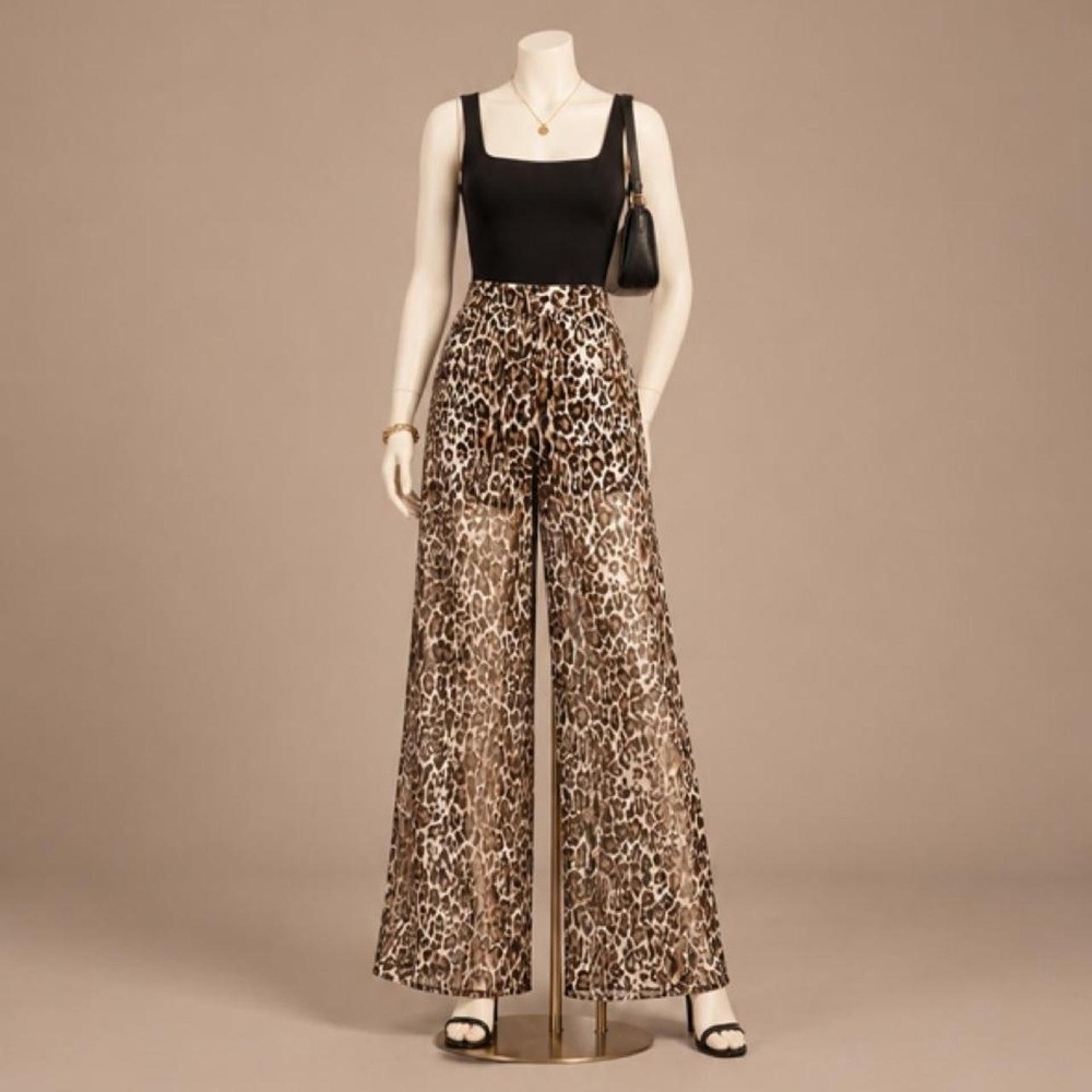 Sans Souci Leopard Print Sheer Wide Leg Pants Size Small